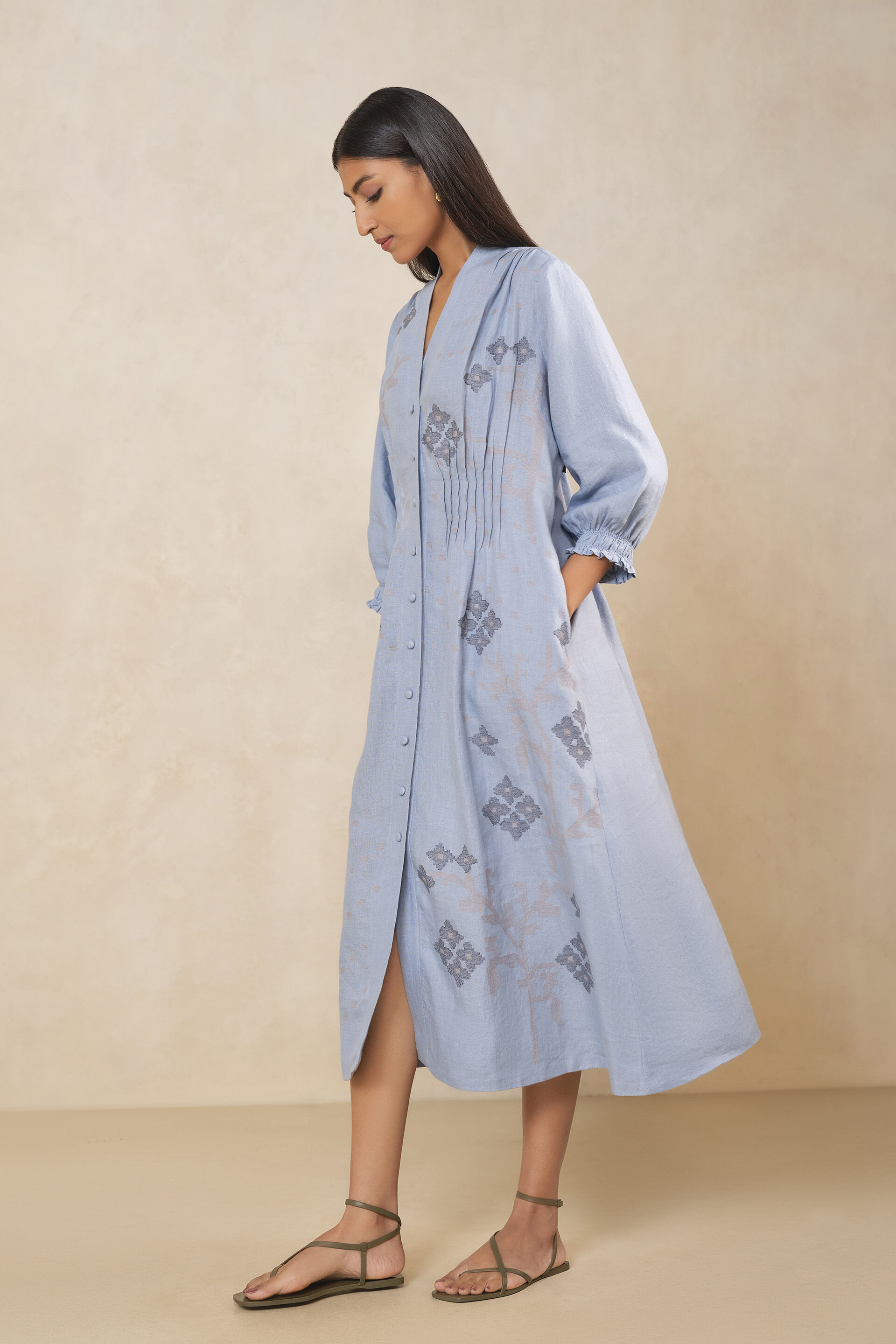 Haiku Embroidered Hemp Dress - Blue, Blue, image 3